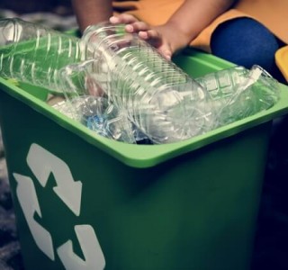 person putting plastic into recycling bin