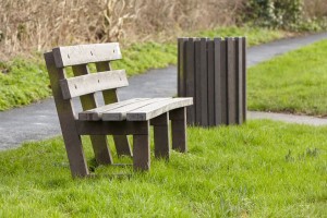 plastic wood bench and litter bin