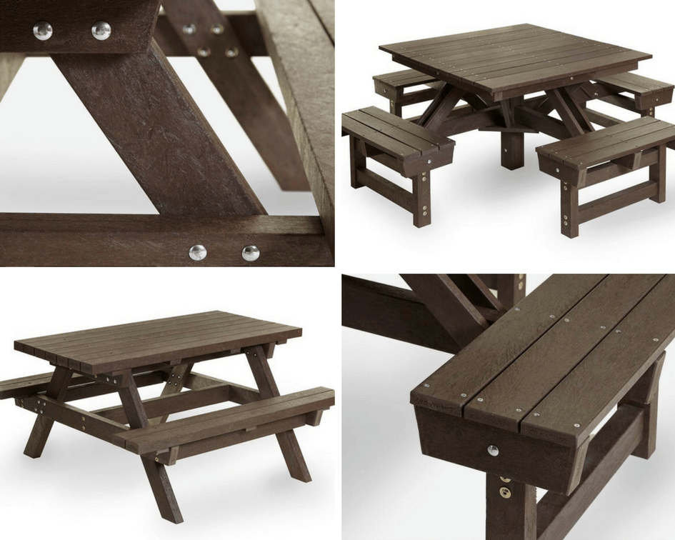 recycled plastic wood benches collage of two different styles. Featuring traditional two bench and 4 two seater benches