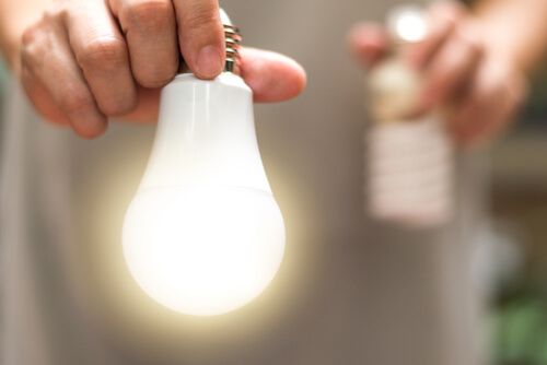 man holding two light bulbs