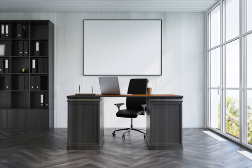 office with desk, chair laptop, large window overlooking outside and bookcase