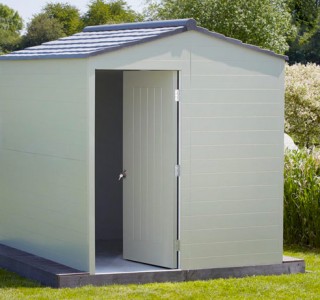 eco plastic wood recycled plastic shed on grass landscape