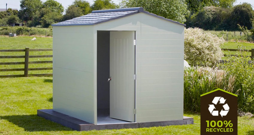 eco plastic wood recycled plastic shed on grass landscape