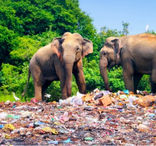 Elephants walking around plastic pollution